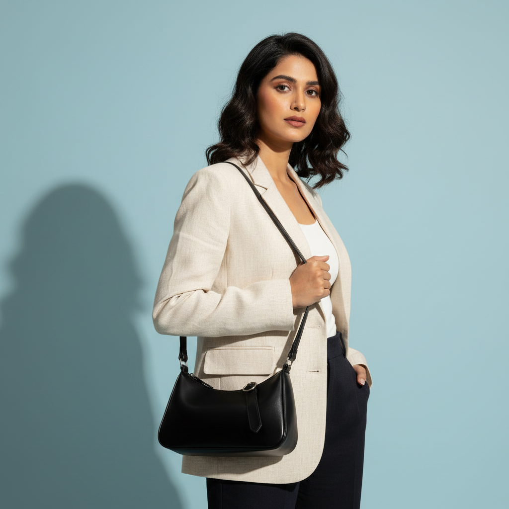 Chic Black Curved Crossbody & Shoulder Bag with Buckle Detail