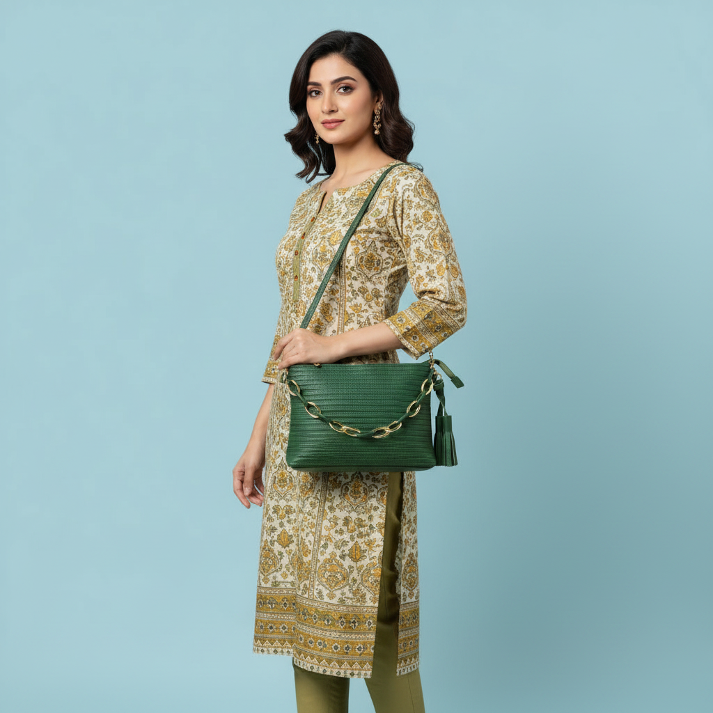 Trendy Emerald Green Textured Crossbody Bag with Chain Detail