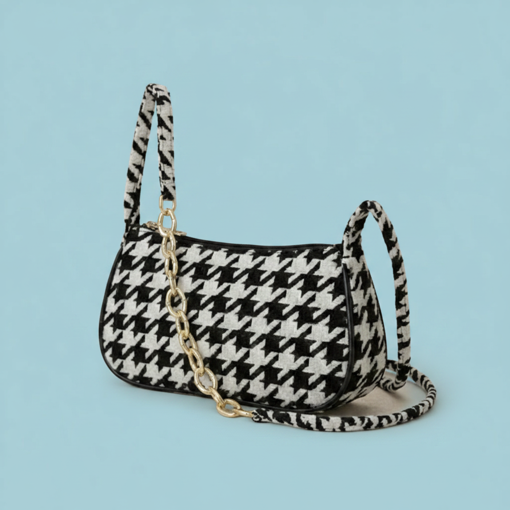 Chic Black & White Houndstooth Shoulder Bag with Gold Chain Accent
