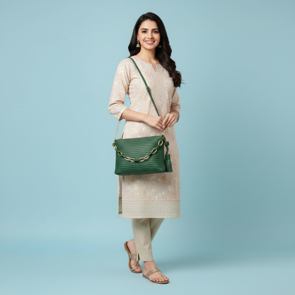Trendy Emerald Green Textured Crossbody Bag with Chain Detail
