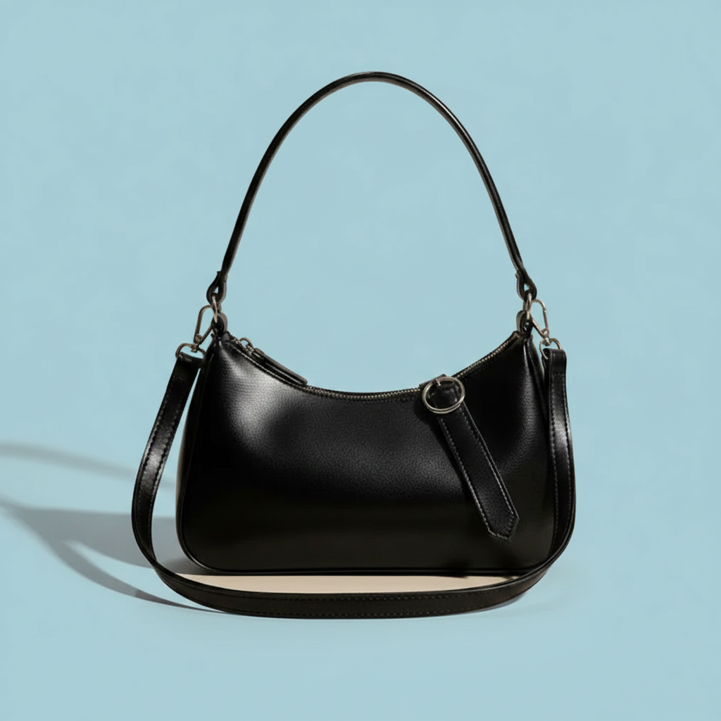 Chic Black Curved Crossbody & Shoulder Bag with Buckle Detail