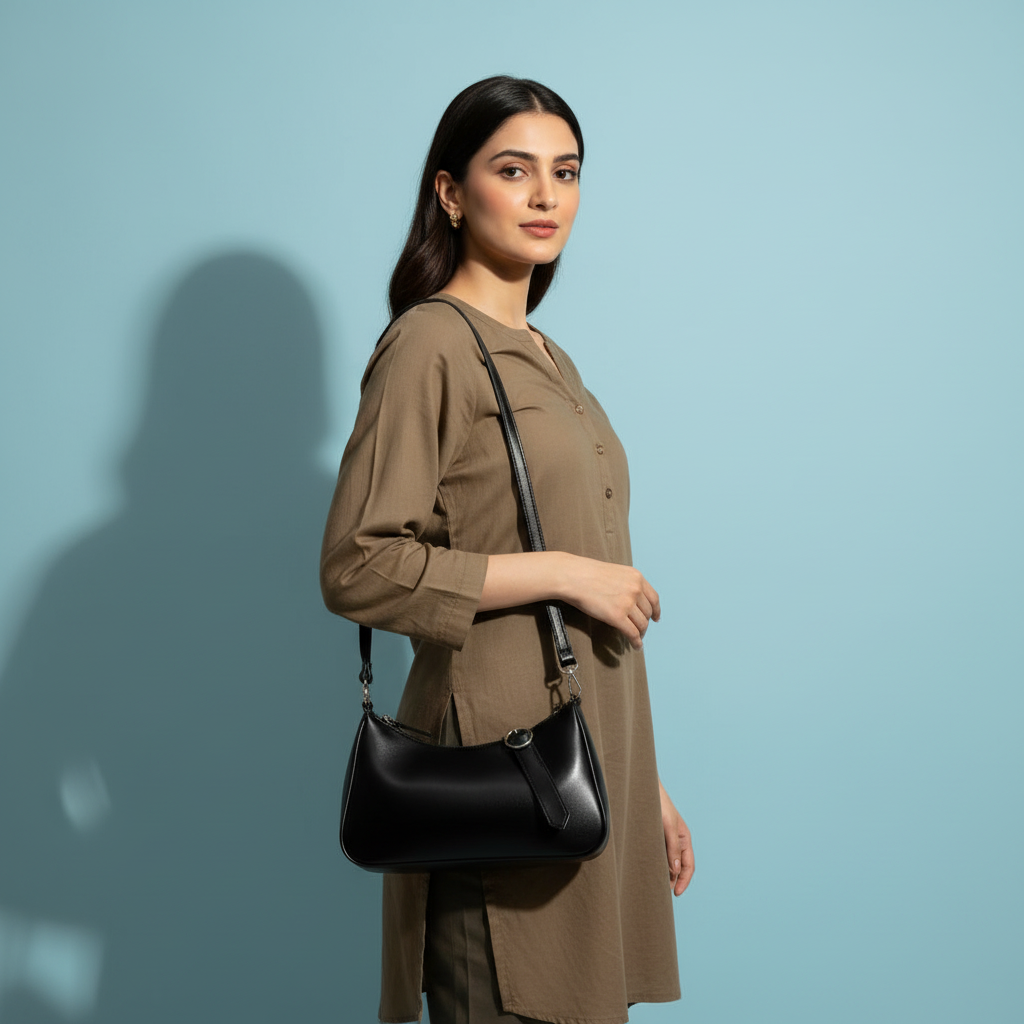 Chic Black Curved Crossbody & Shoulder Bag with Buckle Detail