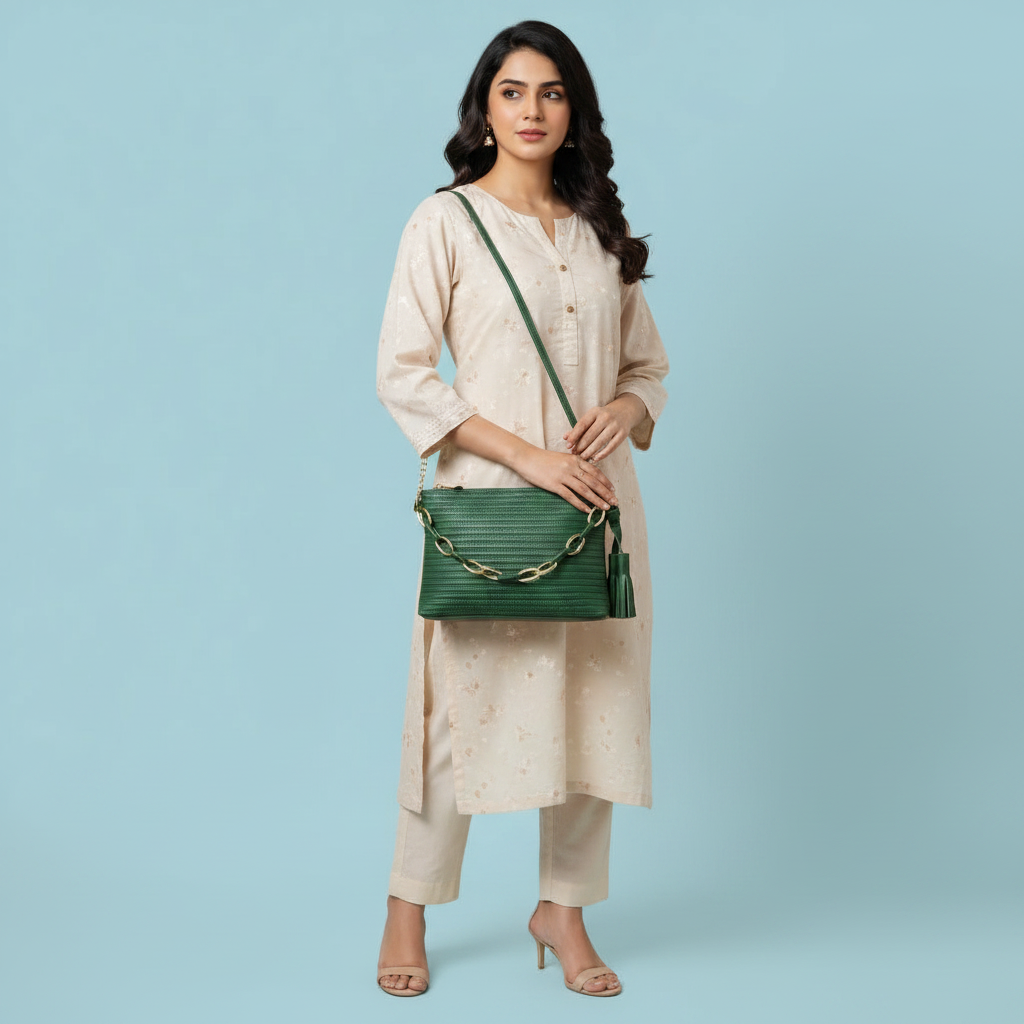 Trendy Emerald Green Textured Crossbody Bag with Chain Detail