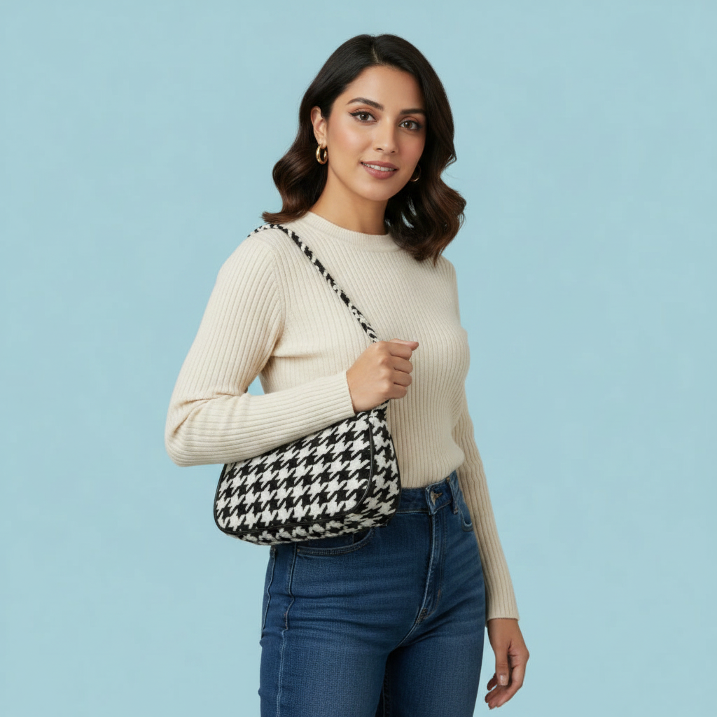 Chic Black & White Houndstooth Shoulder Bag with Gold Chain Accent