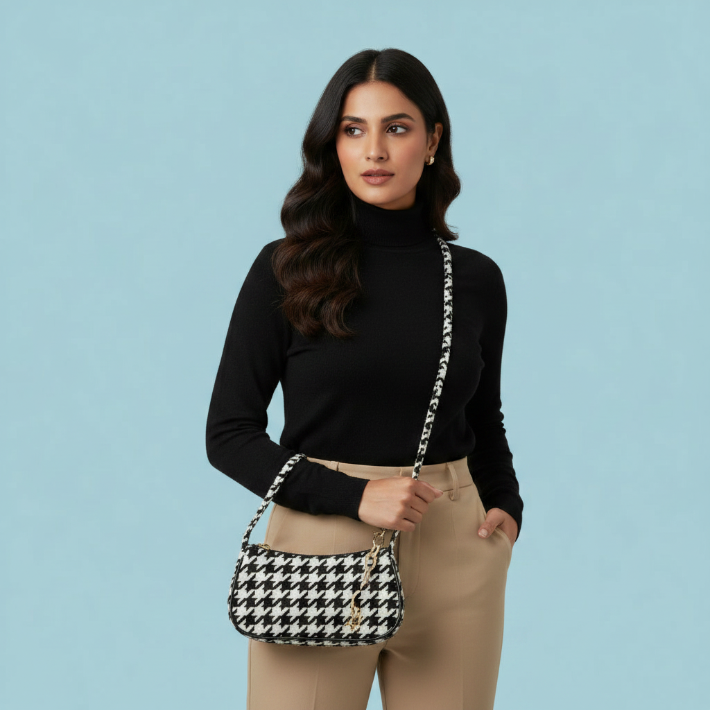 Chic Black & White Houndstooth Shoulder Bag with Gold Chain Accent