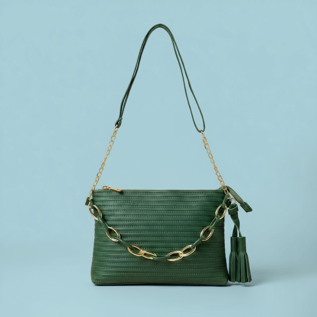 Trendy Emerald Green Textured Crossbody Bag with Chain Detail