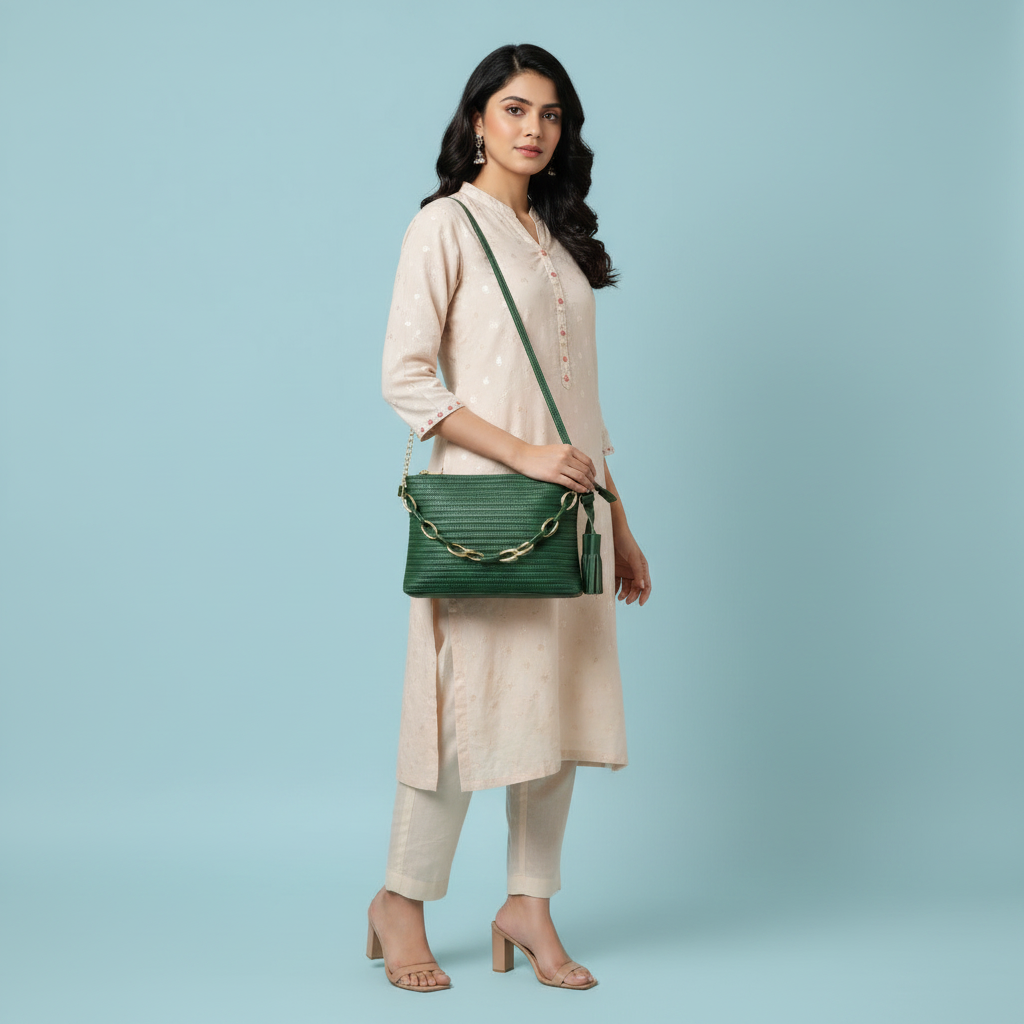 Trendy Emerald Green Textured Crossbody Bag with Chain Detail